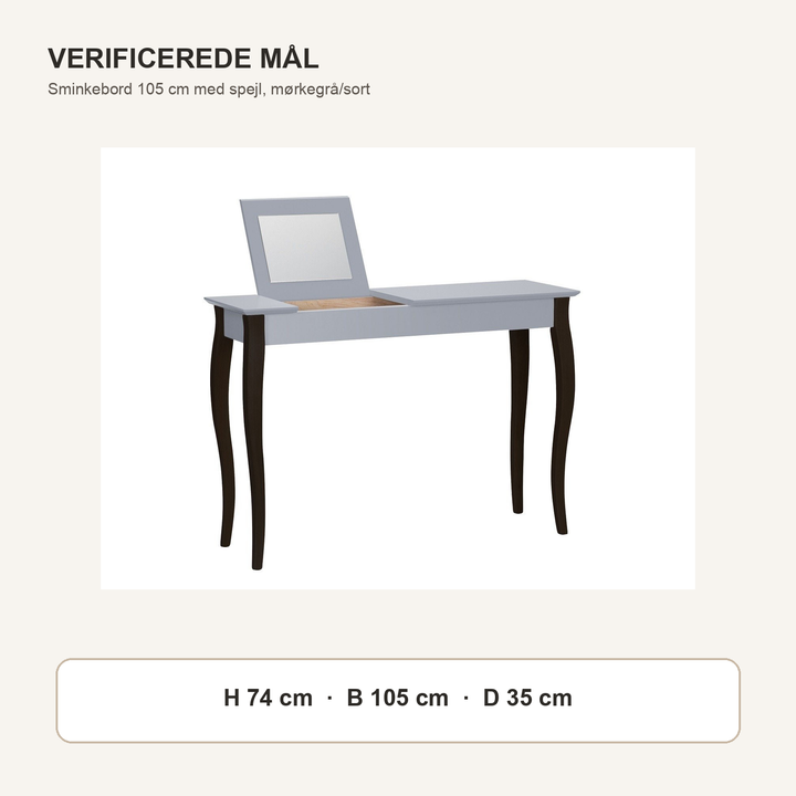 LILLO-sminkebord med mørkegrå borddel og sorte ben med verificerede mål i centimeter