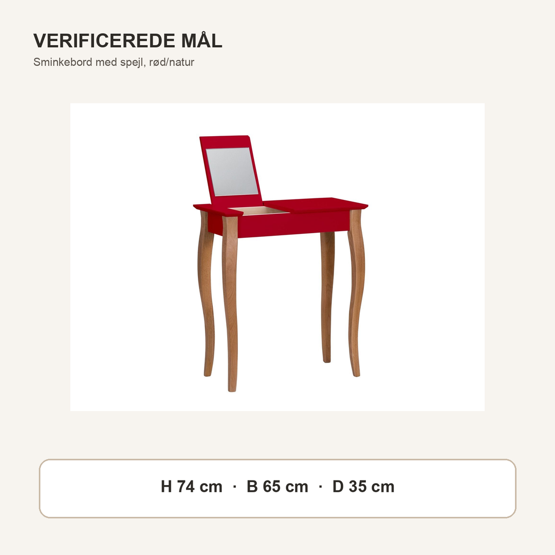 LILLO-sminkebord med rød borddel og naturfarvede ben med verificerede mål i centimeter