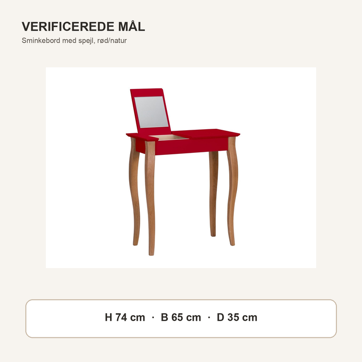LILLO-sminkebord med rød borddel og naturfarvede ben med verificerede mål i centimeter
