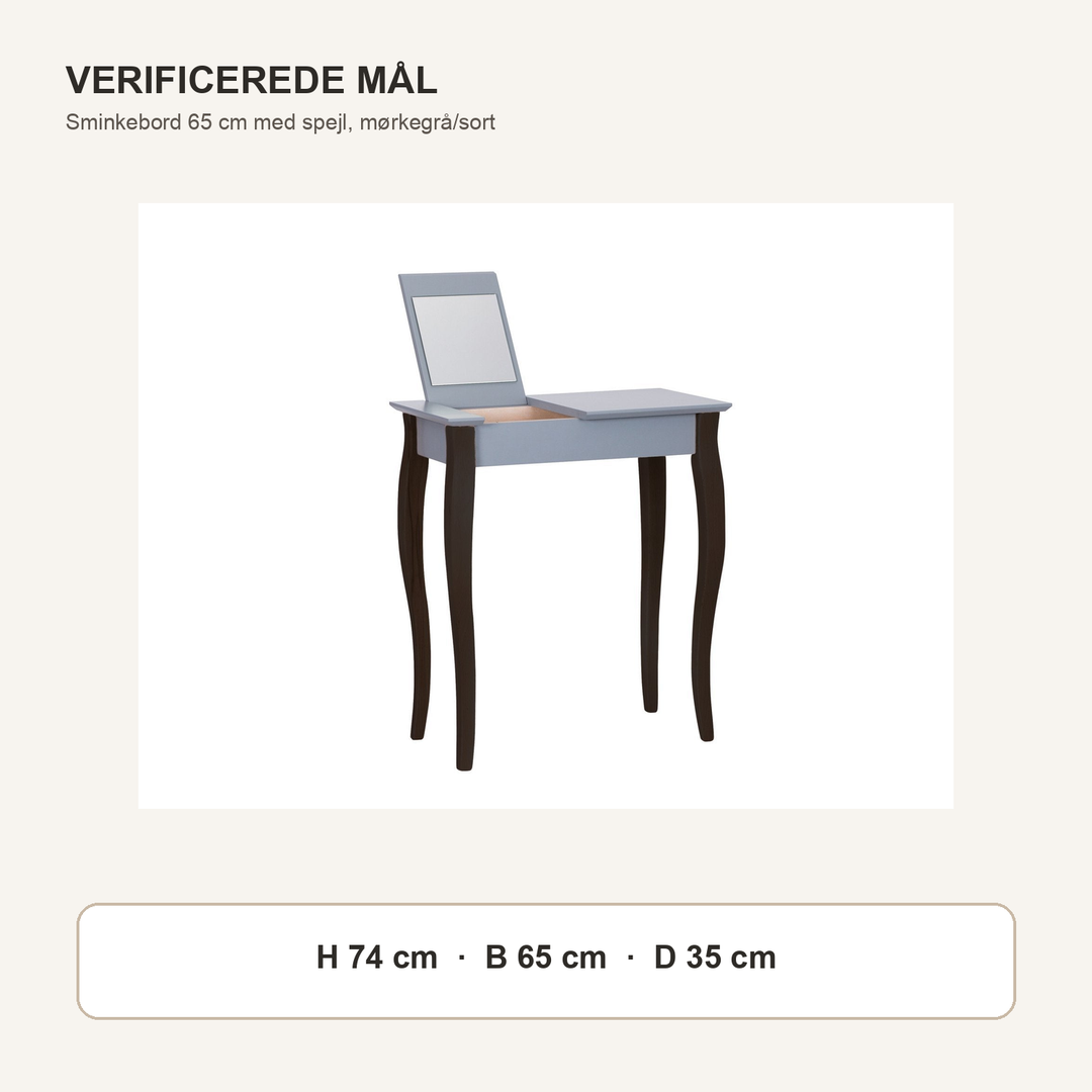 LILLO-sminkebord med mørkegrå borddel og sorte ben med verificerede mål i centimeter