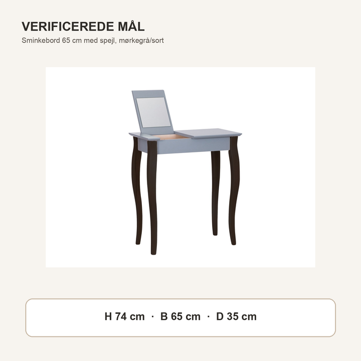 LILLO-sminkebord med mørkegrå borddel og sorte ben med verificerede mål i centimeter