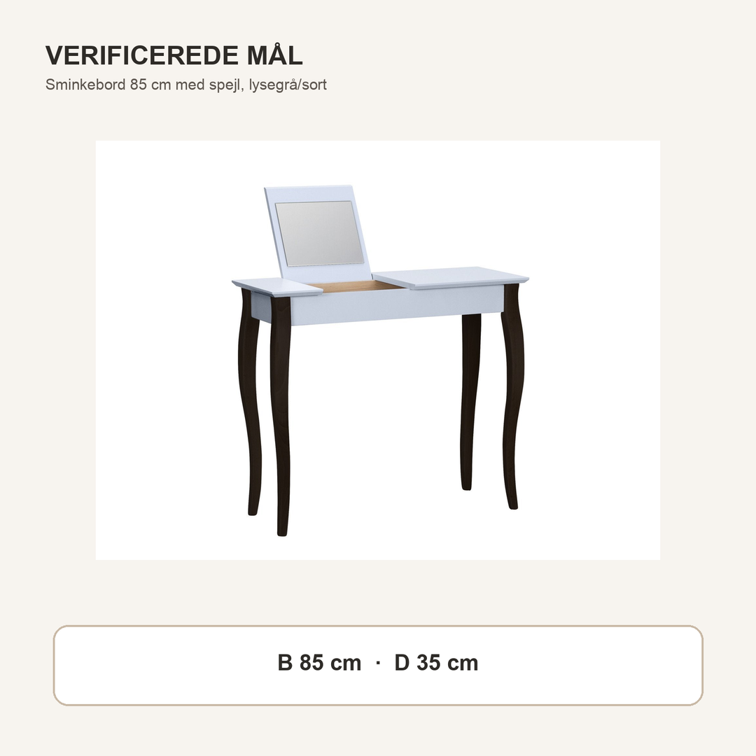 LILLO-sminkebord med lysegrå borddel og sorte ben med verificerede mål i centimeter