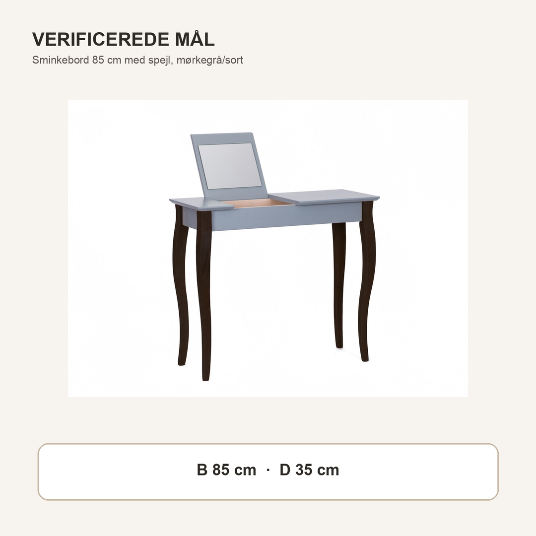LILLO-sminkebord med mørkegrå borddel og sorte ben med verificerede mål i centimeter