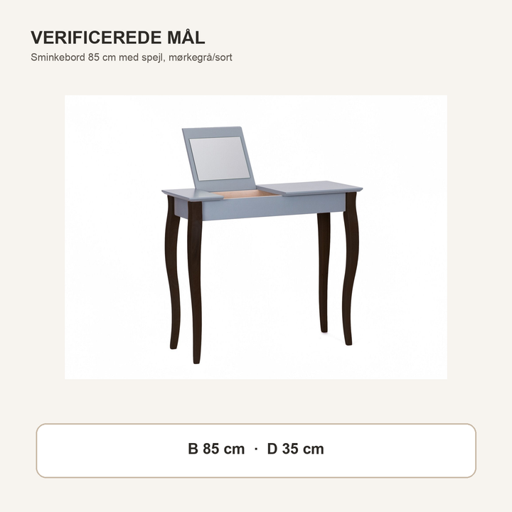 LILLO-sminkebord med mørkegrå borddel og sorte ben med verificerede mål i centimeter