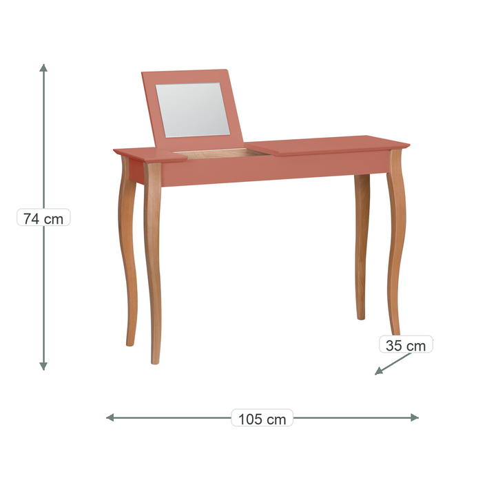 LILLO-sminkebord med antik pink borddel og naturfarvede ben med verificerede mål i centimeter