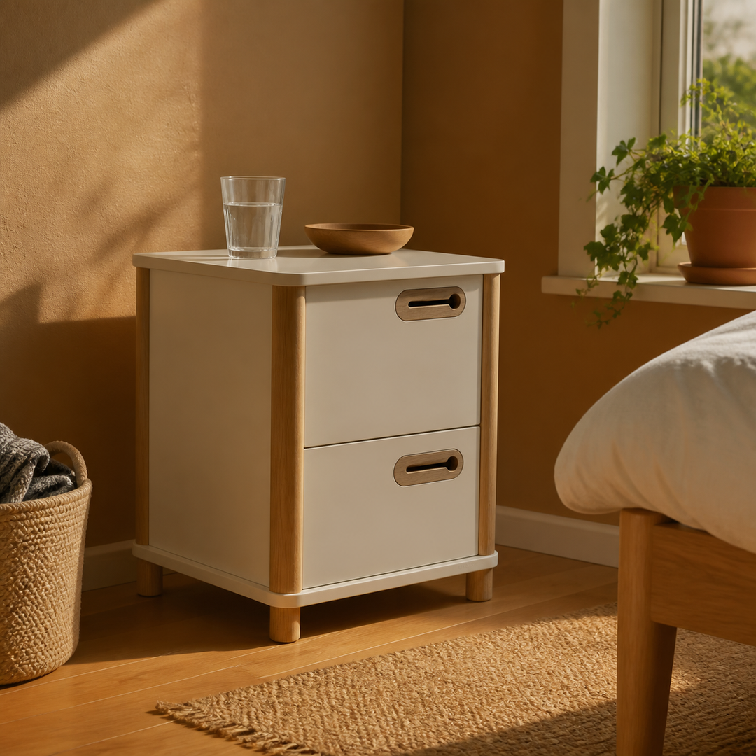 Brunbeige opbevaringsskab i asketræ set fra siden