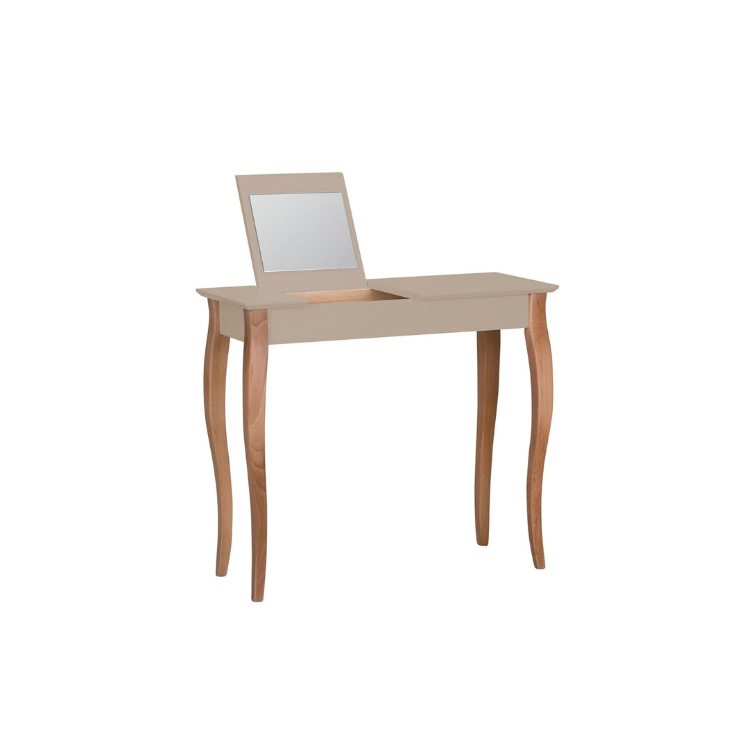 LILLO-sminkebord med brunbeige borddel og naturfarvede ben på hvid baggrund