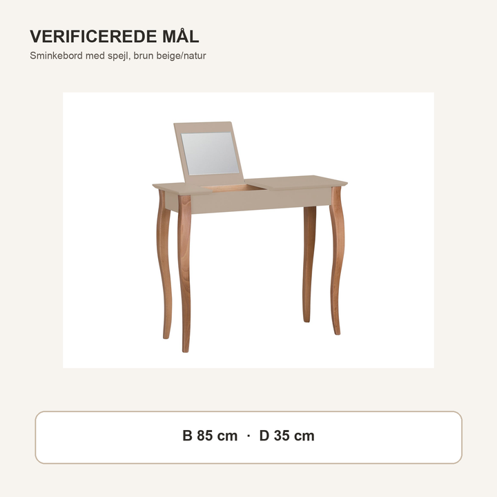 LILLO-sminkebord med brunbeige borddel og naturfarvede ben med verificerede mål i centimeter