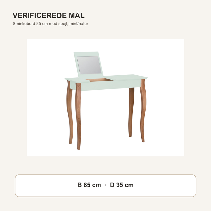 LILLO-sminkebord med mintgrøn borddel og naturfarvede ben med verificerede mål i centimeter