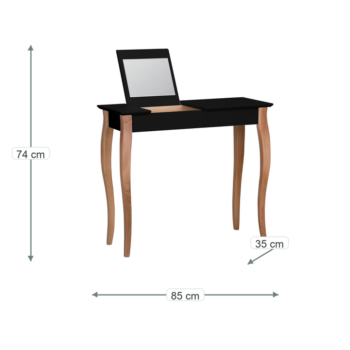 LILLO-sminkebord med sort borddel og naturfarvede ben med verificerede mål i centimeter