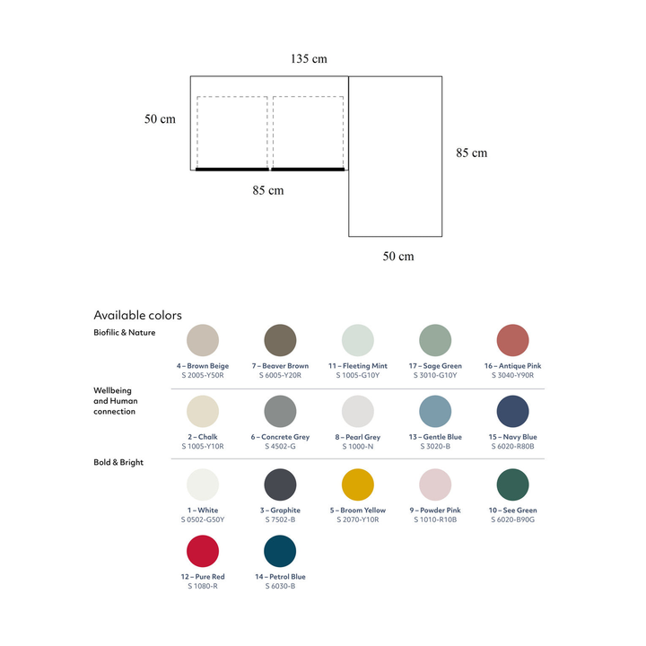 Måldiagram for LUKA hjørneskrivebord 135 x 85 cm