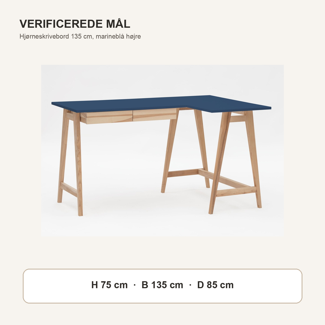 Måldiagram for LUKA hjørneskrivebord 135 x 85 cm