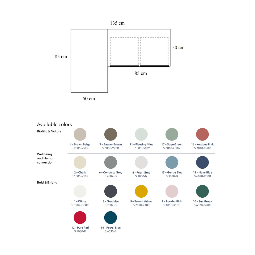 Måldiagram for LUKA hjørneskrivebord 135 x 85 cm