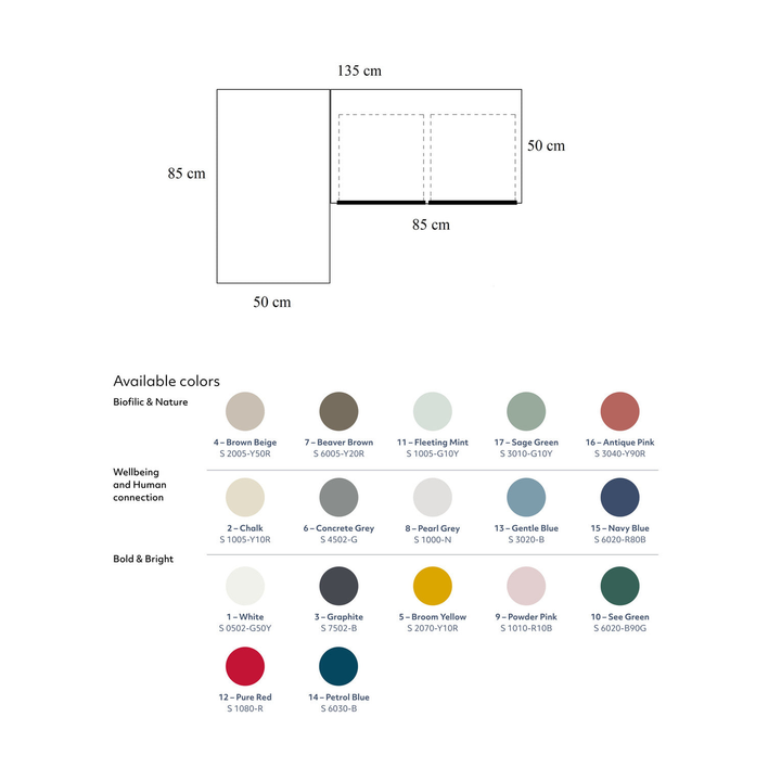 Måldiagram for LUKA hjørneskrivebord 135 x 85 cm
