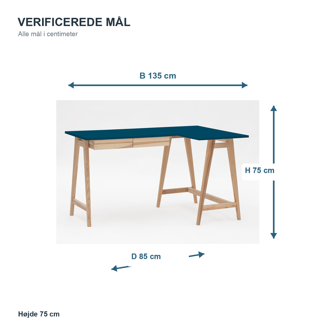 Måldiagram for LUKA hjørneskrivebord 135 x 85 cm