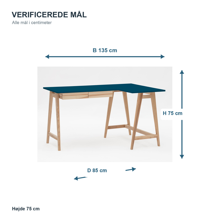 Måldiagram for LUKA hjørneskrivebord 135 x 85 cm
