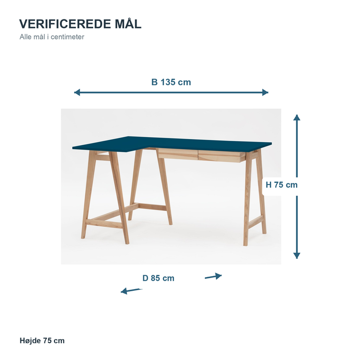 Måldiagram for LUKA hjørneskrivebord 135 x 85 cm