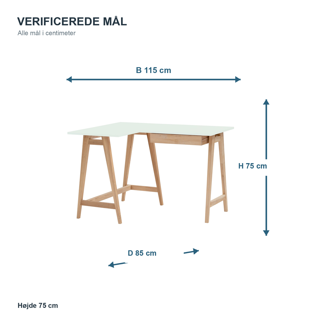 Måldiagram for LUKA hjørneskrivebord 115 x 85 cm