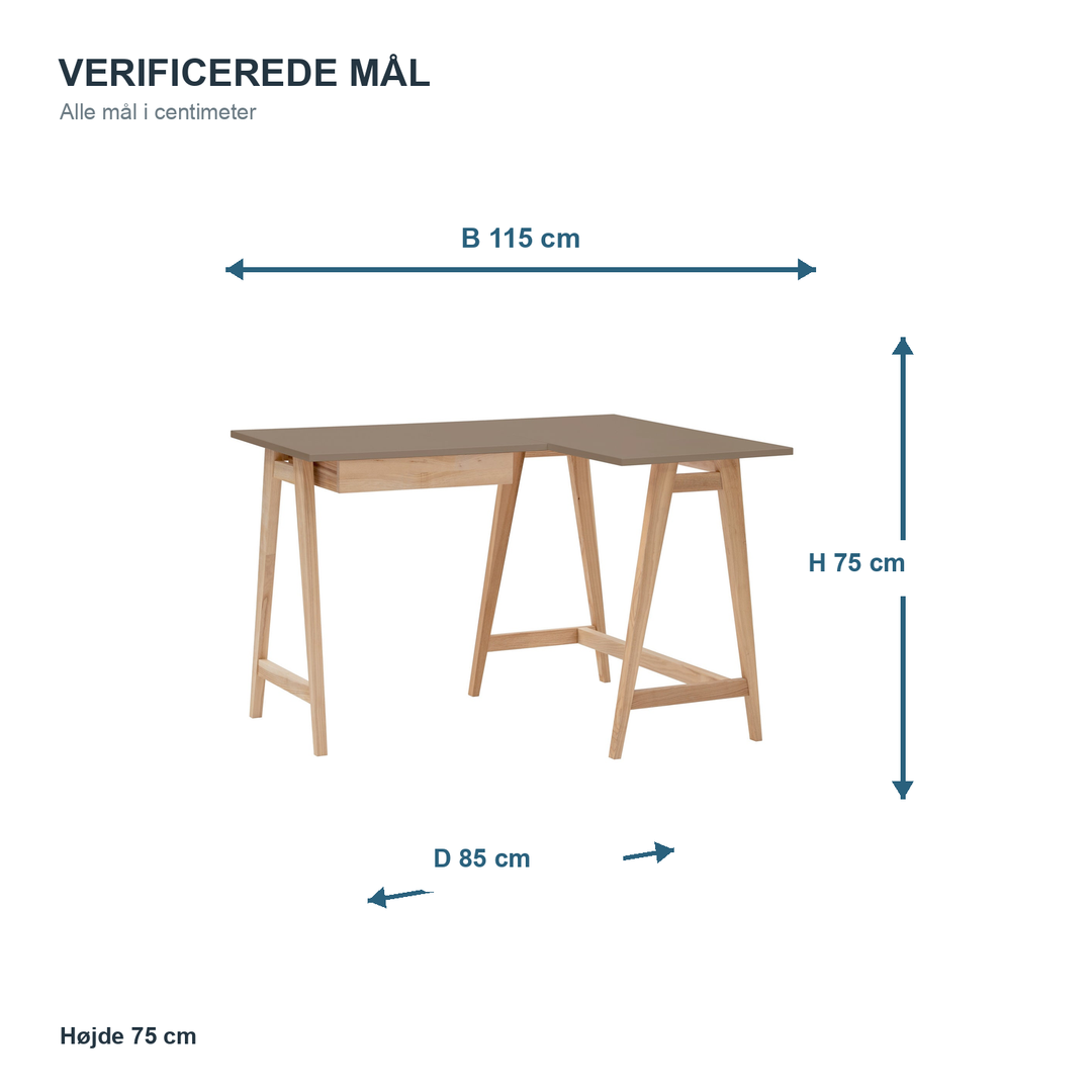 Måldiagram for LUKA hjørneskrivebord 115 x 85 cm