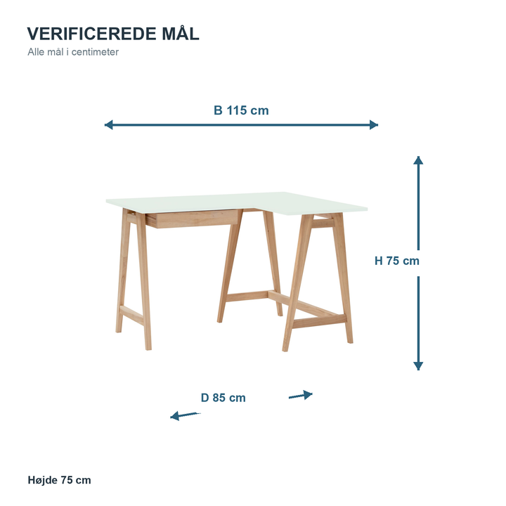 Måldiagram for LUKA hjørneskrivebord 115 x 85 cm