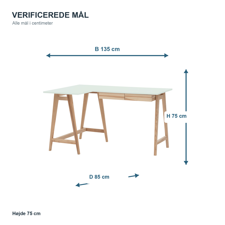 Måldiagram for LUKA hjørneskrivebord 135 x 85 cm
