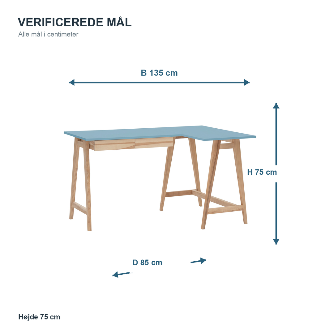 Måldiagram for LUKA hjørneskrivebord 135 x 85 cm