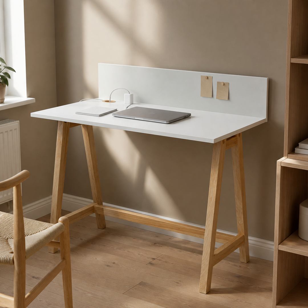 Kabelåbning og bagpanel på hvid LUKA skrivebord