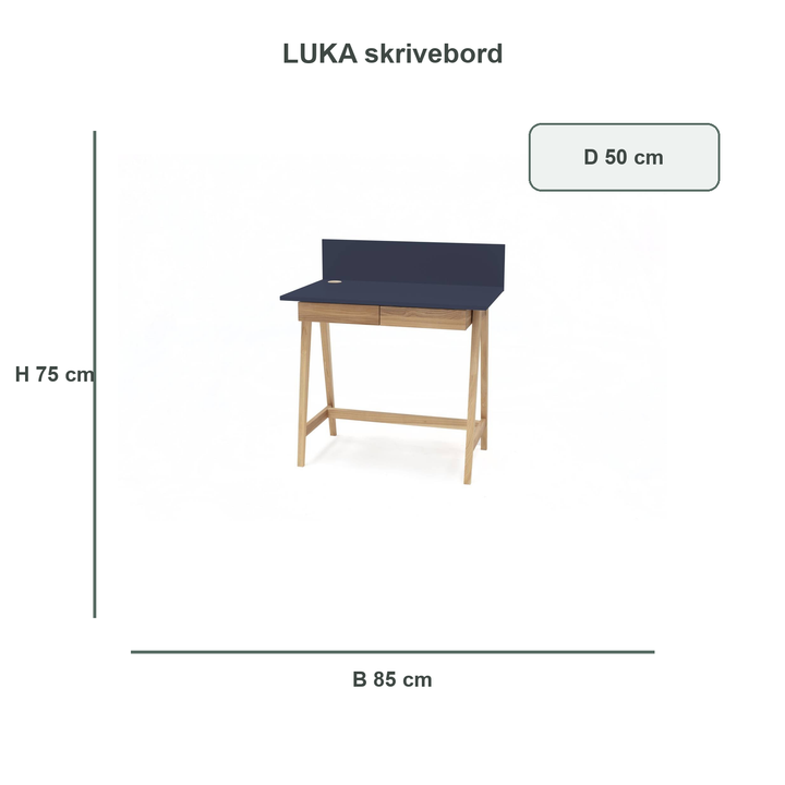 marineblå LUKA-skrivebord med verificerede mål
