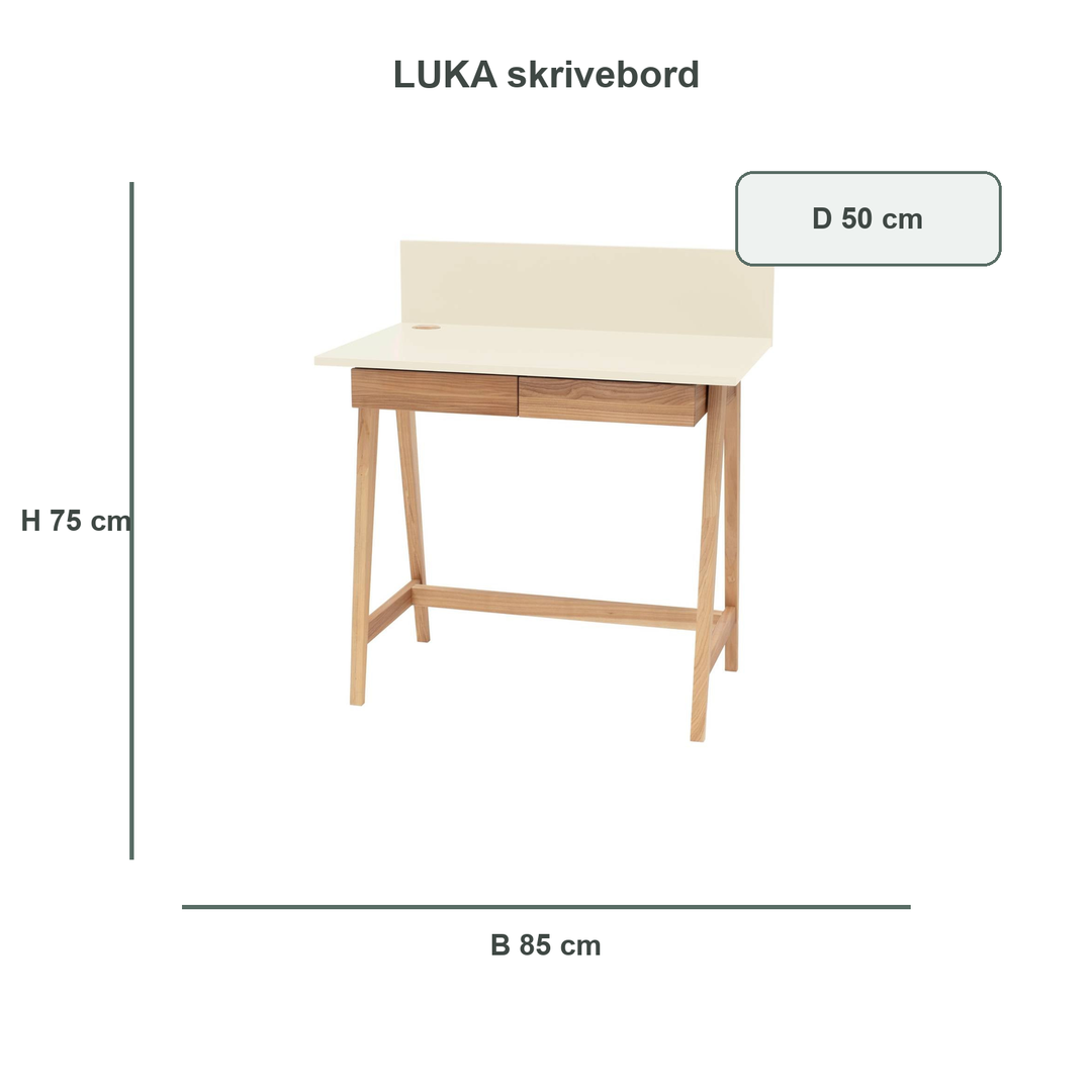 kridthvid LUKA-skrivebord med verificerede mål