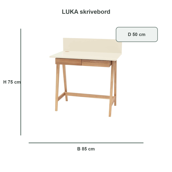 kridthvid LUKA-skrivebord med verificerede mål