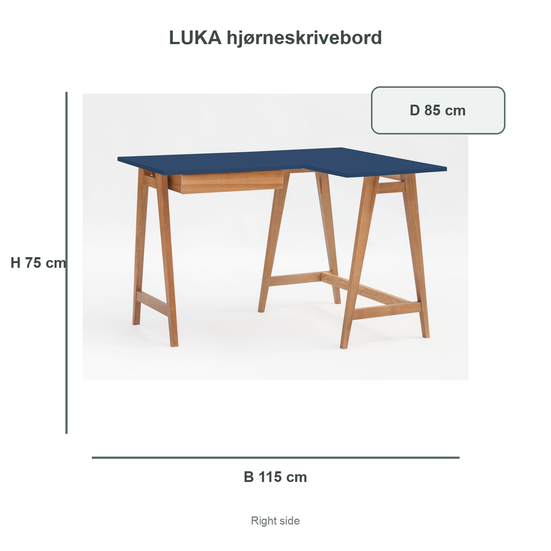 marineblå LUKA-hjørneskrivebord med verificerede mål