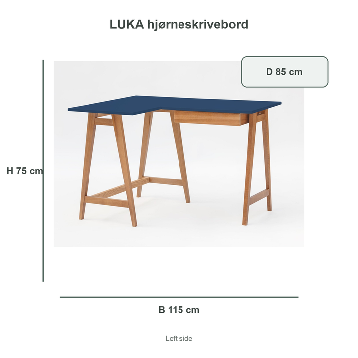 marineblå LUKA-hjørneskrivebord med verificerede mål