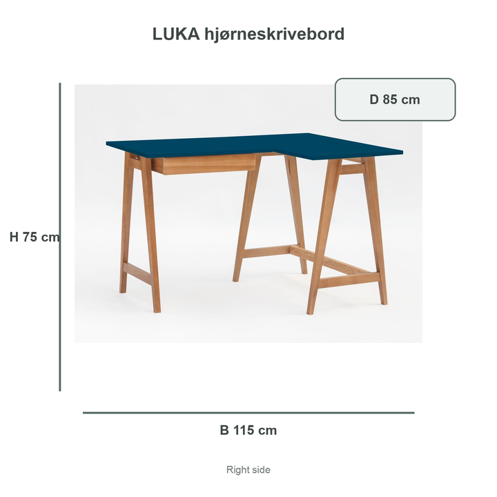 petrolblå LUKA-hjørneskrivebord med verificerede mål