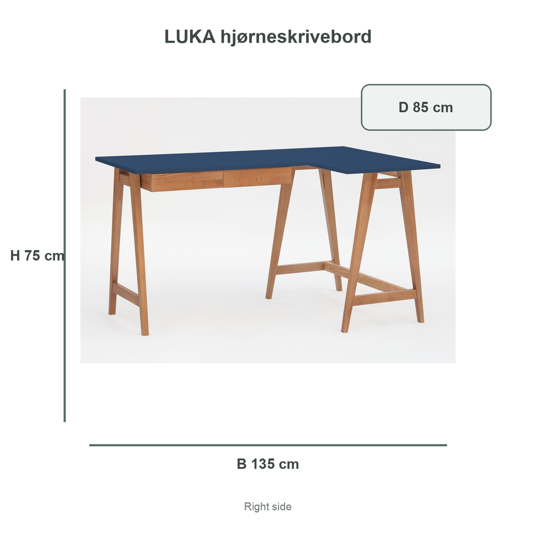 marineblå LUKA-hjørneskrivebord med verificerede mål