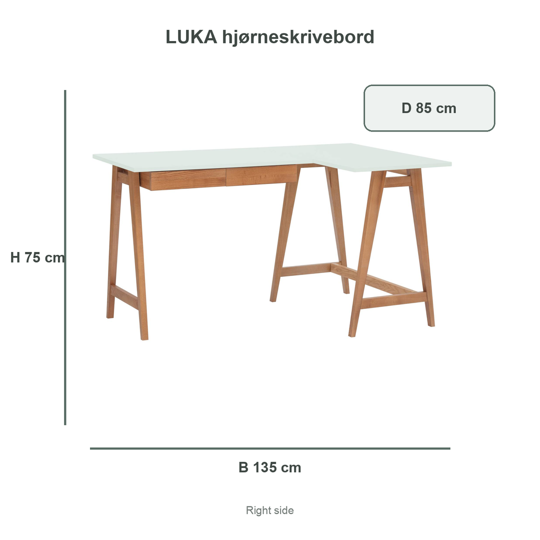 Fleeting Mint-mintgrøn LUKA-hjørneskrivebord med verificerede mål