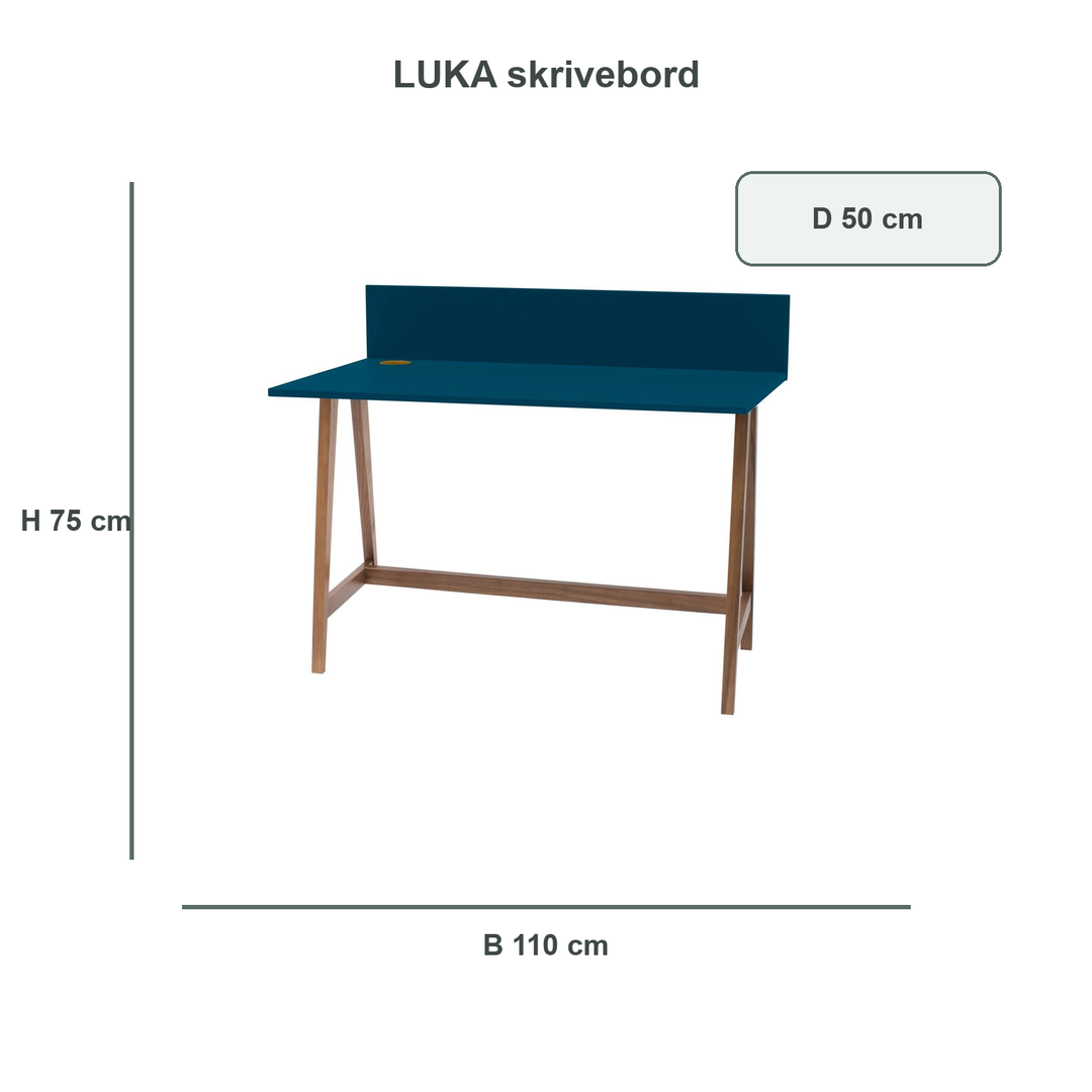 petrolblå LUKA-skrivebord med verificerede mål