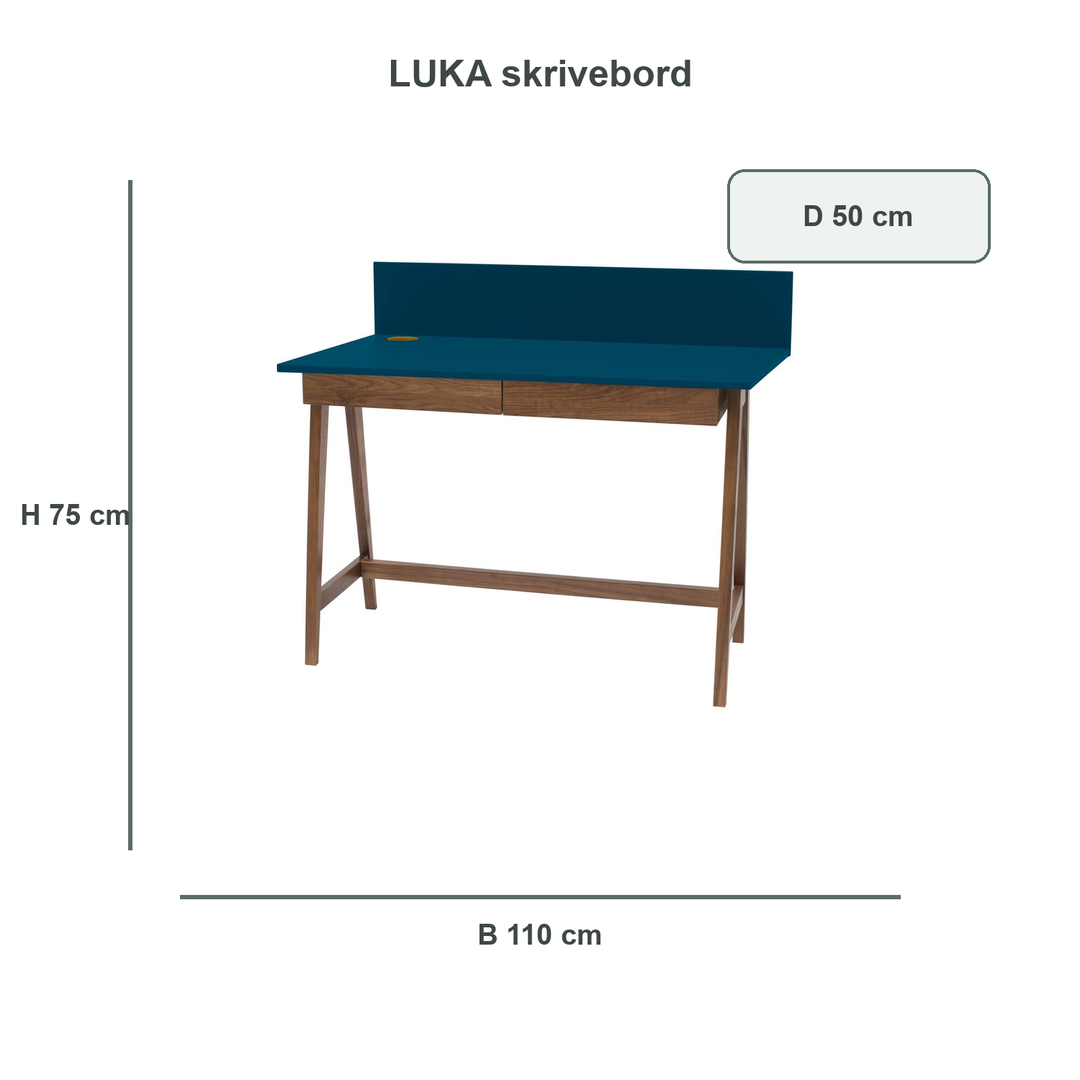 petrolblå LUKA-skrivebord med verificerede mål