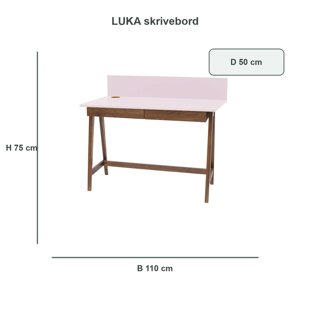 støvet pink LUKA-skrivebord med verificerede mål