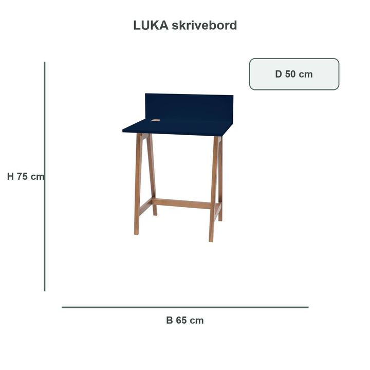 marineblå LUKA-skrivebord med verificerede mål