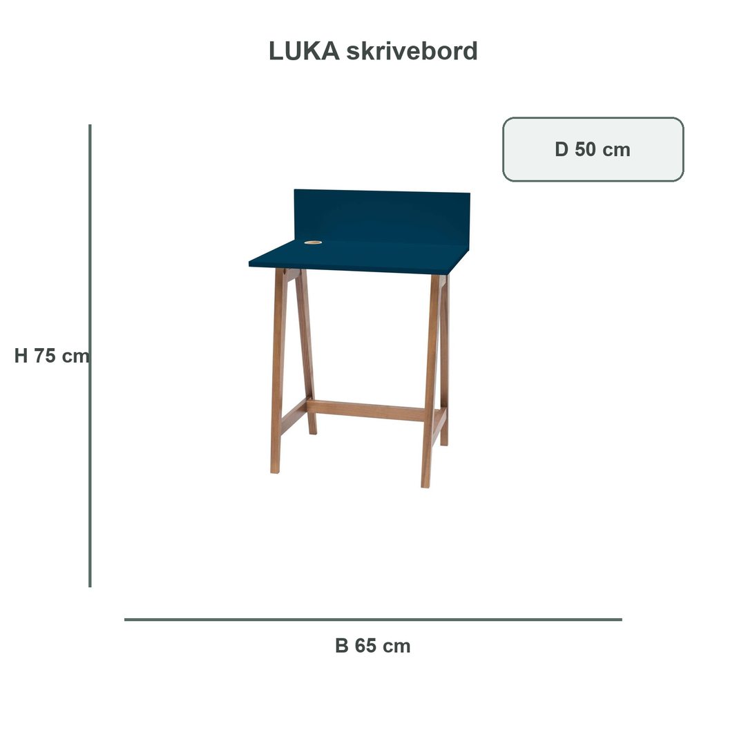 petrolblå LUKA-skrivebord med verificerede mål