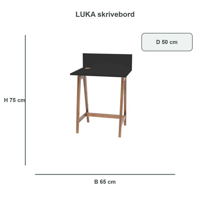 sort LUKA-skrivebord med verificerede mål