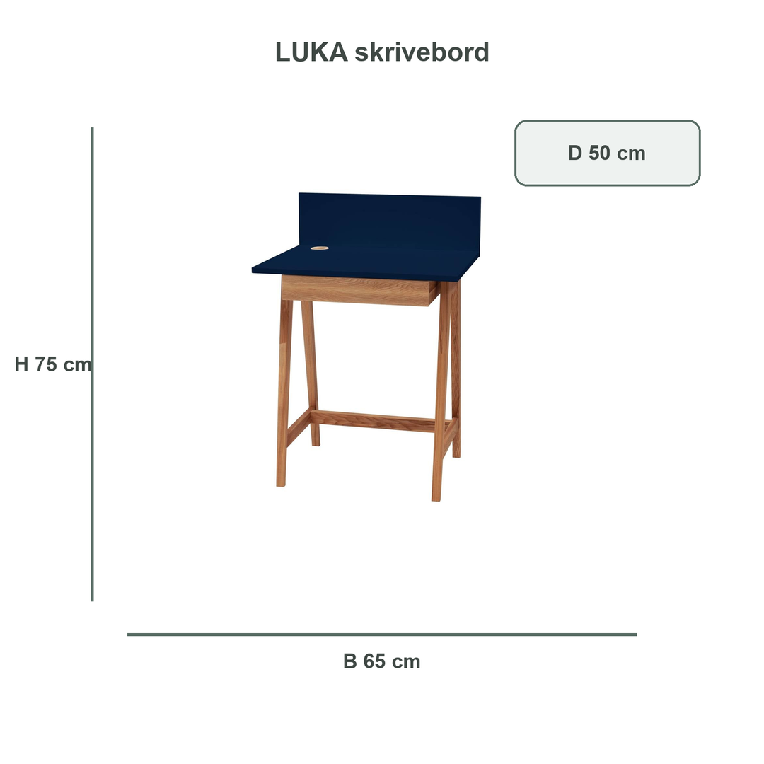 marineblå LUKA-skrivebord med verificerede mål