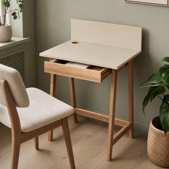 brunbeige LUKA-skrivebord med funktion vist
