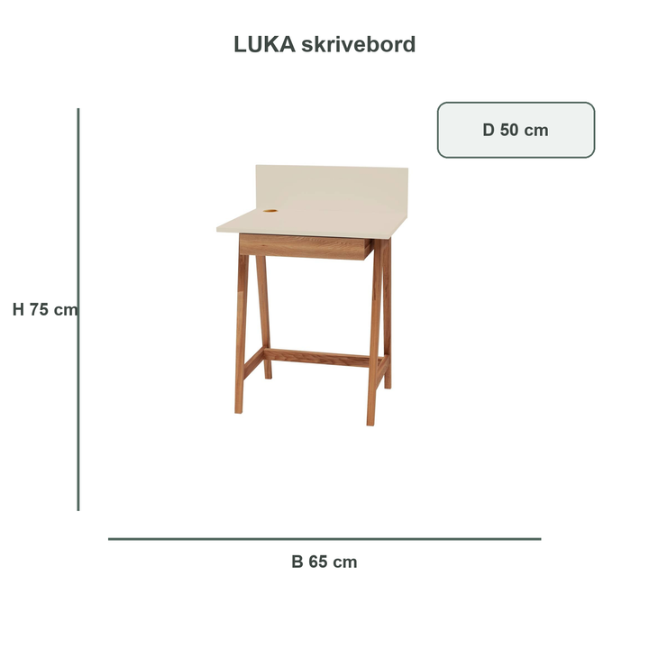 brunbeige LUKA-skrivebord med verificerede mål