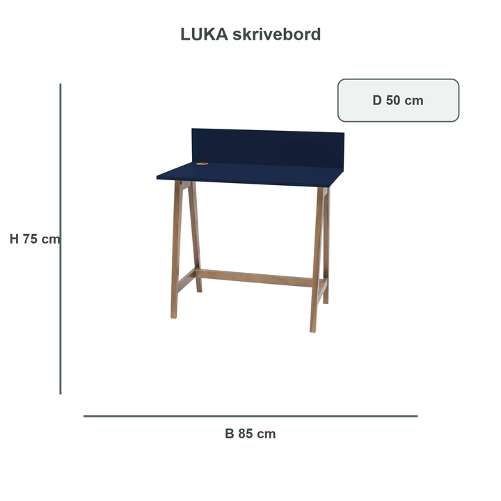 marineblå LUKA-skrivebord med verificerede mål