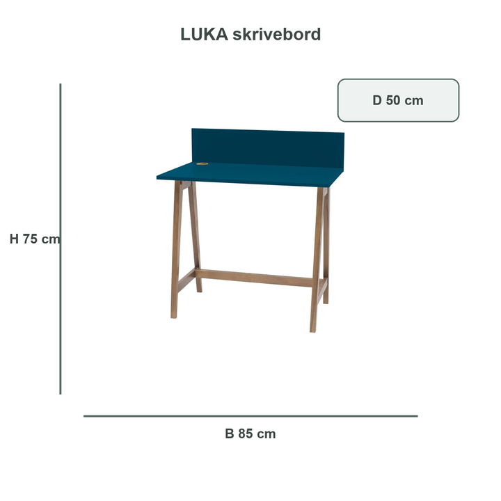 petrolblå LUKA-skrivebord med verificerede mål
