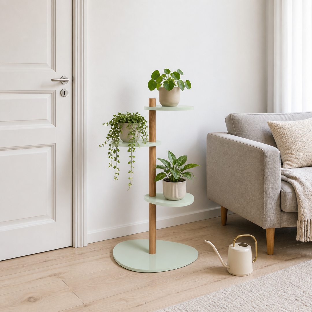 MAGLA 3-lags Asketræ Plant Stand B55 x H91cm Fleeting Mint – varm moody dagslysscene