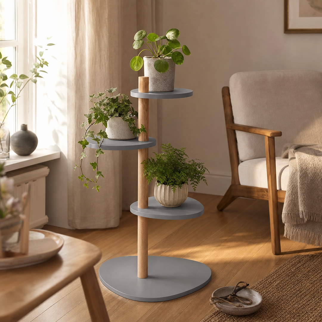 MAGLA 3-lags Asketræ Plantestand B55 x H91cm Betongrå – anden livsstilsscene