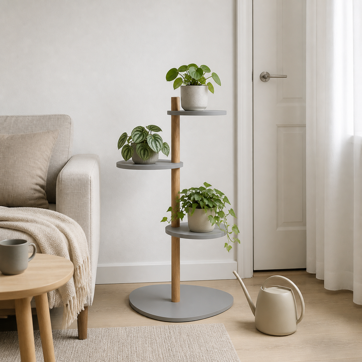 MAGLA 3-lags Asketræ Plantestand B55 x H91cm Betongrå – varm moody dagslysscene