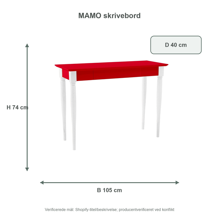 Måldiagram for MAMO Skrivebord 105x40 cm  Hvide Ben / Røde